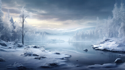 Winter landscape with a frozen lake reflecting the beauty of a snow covered forest
