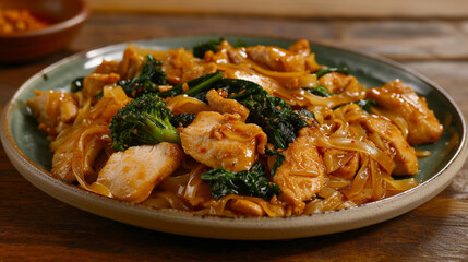 Pad See Ew, featuring wide rice noodles stir-fried with chicken, Chinese broccoli, and egg, all coated in a sweet soy sauce