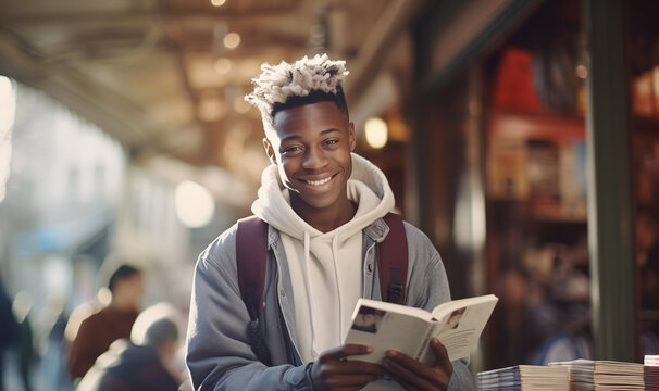 Smiling African Black teen student with fancy Bleached hair on street book Flea market looking for interesting books. University, education, knowledge, scholarship and smart people concept image