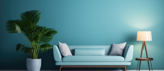 Fototapeta na wymiar Modern living room interior with sofa lamp and green plants against a blue wall background with minimal designs
