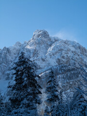 Snow-capped sunlit peak with trees in foreground in Krnica Valley, Julian Alps on a clear winter day - 753280952