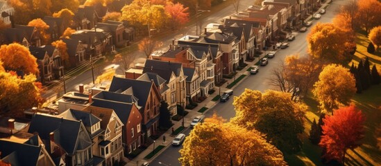 seen from above the city settlements in autumn with yellow and red leaves - obrazy, fototapety, plakaty
