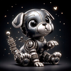 Fototapeta premium Perro Robot Bebé sentado jugando con mariposas de neon
