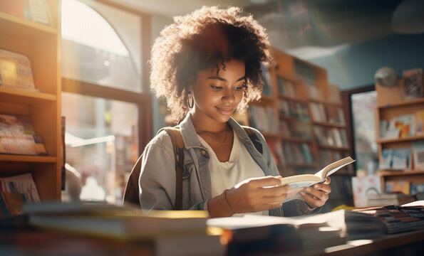 African Black girl student in university or college library full of bright daylight looking at book between bookshelves. University, education, knowledge, scholarship and smart people concept image.