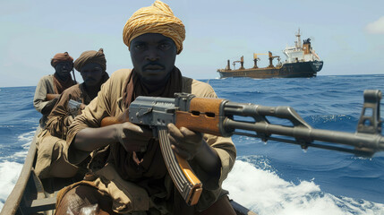 Modern day sea pirates attacking cargo ship, boat with armed people sails off coast. Men holding...