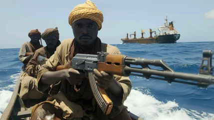 Foto op Plexiglas Modern day sea pirates attacking cargo ship, boat with armed people sails off coast. Men holding machine gun in ocean. Concept of piracy, business, yemen and somalia © Natalya