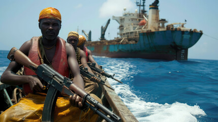 Modern day sea pirates attacking cargo ship, boat with armed men sails off coast. African people holding machine gun in ocean. Concept of piracy, business and somalia