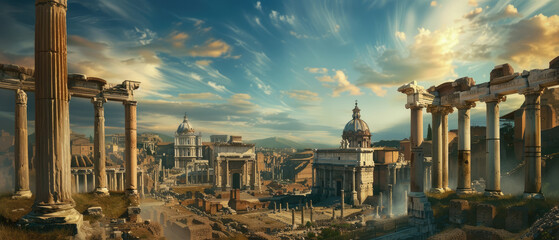 Panorama of Ancient Rome in summer, landscape with old historical buildings, ruins and blue sky. Concept of Roman Empire, antique, city, history, travel, skyline