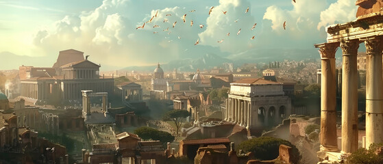 Panoramic aerial view of Ancient Rome, landscape with old historical buildings and blue sky in summer. Concept of Roman Empire, antique, city, travel, skyline, background.