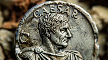 Ancient Roman silver coin with portrait of Julius Caesar, fiction artefact for vintage background, face of ruler on old metal money. Concept of Rome, antique, art, macro and history.