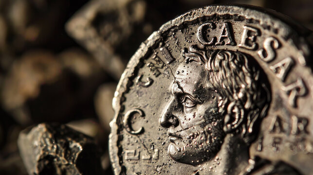 Ancient Roman coin with portrait of Julius Caesar, fiction artefact for vintage background, face of general on old silver money. Concept of Rome, Empire, antique, art, macro