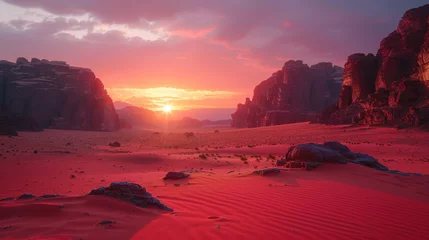 Gartenposter Bordeaux Planet Mars like landscape - Photo of Wadi Rum desert in Jordan with red pink sky above, this location was used as set for many science fiction movies.
