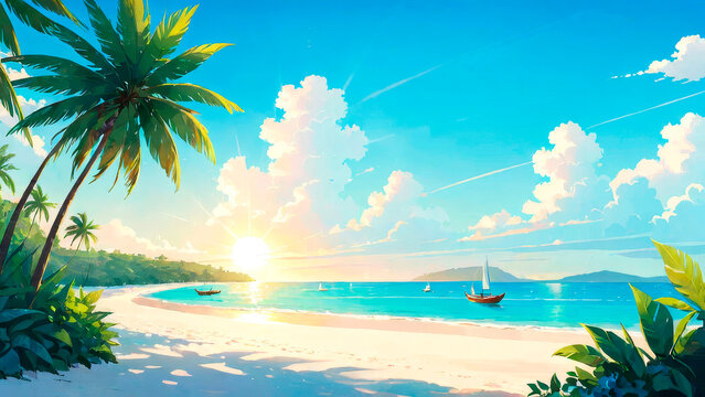 Summertime illustration, sunrise on a tropical beach with palm trees and boats in the sea