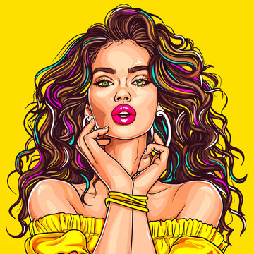 beautiful stylish surprised woman on a yellow background, vector illustration in pop art style, girl, lady, female, comic