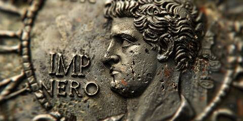 Emperor Nero portrait on Ancient Roman coin, fiction artefact for vintage background, face of Empire ruler on old metal money. Concept of Rome, antique, art and history