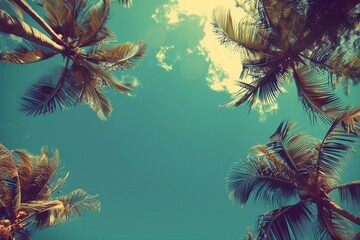 Blue sky and palm trees view from below, vintage style, tropical beach and summer background,...