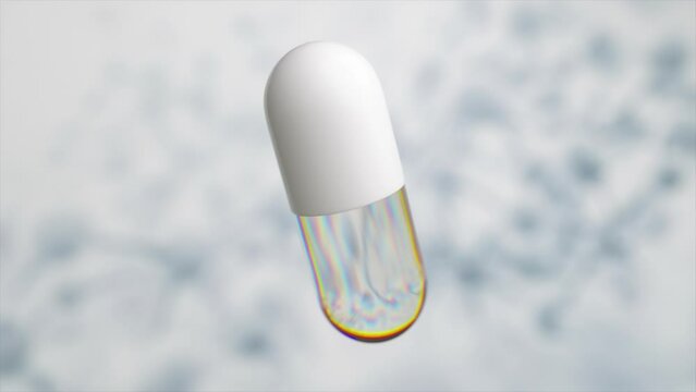 Solo capsule with iridescent glow against a blurred molecular backdrop in 3D.