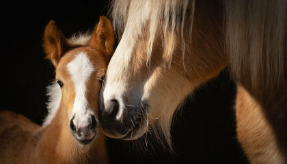 Horse mare nuzzling her cute young foal portrait on dark background