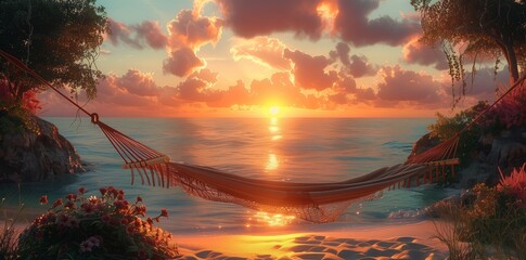 Hammock swaying above water at sunset, with clouds reflecting in liquid horizon