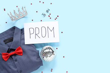 Male shirt with bow tie, crown and text PROM on blue background