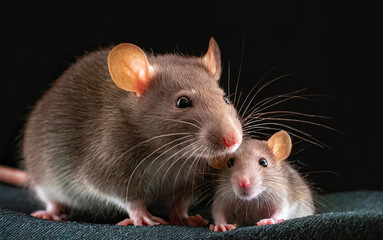 Rat mother and her young baby rat cute portrait on dark background - obrazy, fototapety, plakaty