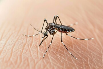Aedes aegypti mosquito biting a person, Dengue, zika and chikungunya