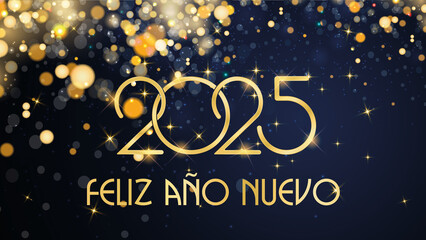 tarjeta o pancarta para desear un feliz año nuevo 2025 en dorado sobre fondo azul con círculos dorados y purpurina en efecto bokeh en la parte superior izquierda