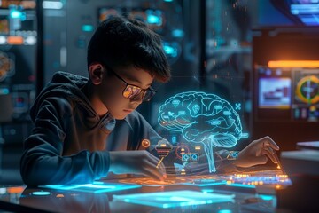 Boy taking notes, digital AI brain hologram with icons and data