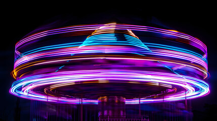 Neon carousel in the night sky isotated on black background. - obrazy, fototapety, plakaty