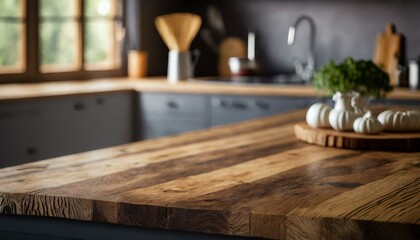 Brown natural wooden kitchen island table top with copy space for product advertising over blurred dark classic kitchen background at home