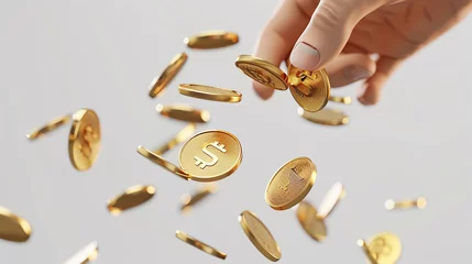 Tuinposter  3D render mão deixando cair moedas de ouro em branco © Alexandre