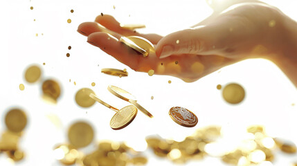 
3D render mão deixando cair moedas de ouro em branco - obrazy, fototapety, plakaty
