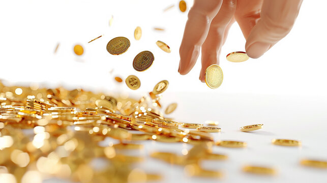 
3D render mão deixando cair moedas de ouro em branco