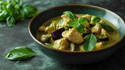 Kaeng Khiao Wan (Green Curry), rich and creamy, with tender pieces of chicken, eggplant, bamboo...