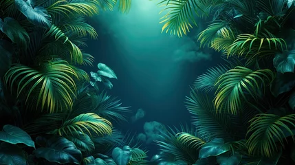 Foto op Canvas Green and Blue Neon Light with Tropical Leaves © hisilly