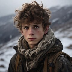 A highly realistic night photograph of a white 21 years old boy, thin lips, dark blonde messy hair, slanted brown eyes, white skin, very sad expression, wearing post-apocalyptic warm clothes with a sc