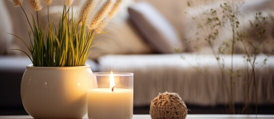 Cozy home interior decor with candles and bunny tail grass in focus