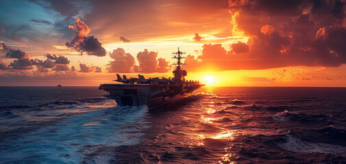 generic military aircraft carrier ship with fighter jets take off during a special operation at a warzone