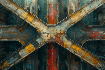 an aerial view of a rusty metal bridge over a highway