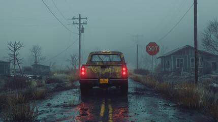Pickup truck drive into fog on empty road with red taillight in silent town.