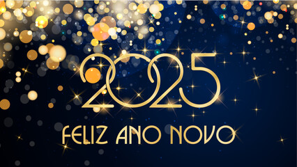 cartão ou banner para desejar um feliz ano novo 2025 em ouro sobre fundo azul com círculos dourados e glitter em efeito bokeh no canto superior esquerdo - obrazy, fototapety, plakaty