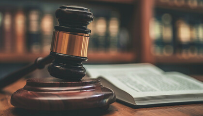 Serious judge's gavel with legal book on wooden table in courtroom