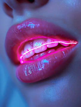 Boca De Una Chica Con Los Labios Brillantes Pintados De Rosa, Lleva Unos Braquets De Neon De Color Rosa, Plano Cerrado, Colores Ciberpunk, Generado Con IA