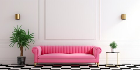 Modern living room with checkered floor, pink couch, coffee table, and white wall.
