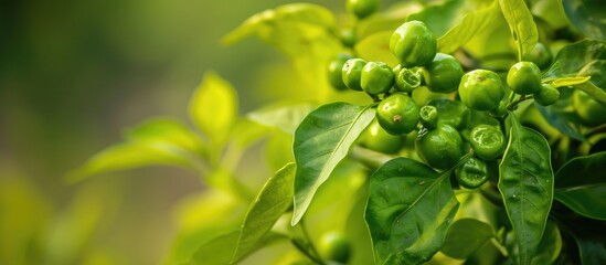 Obraz premium Pepper plant and its green leaves are utilized as a flavorful food ingredient.