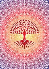 Tree of life on an openwork background with the sign aum / om / ohm. sacred, ecological symbol. Symbol of life and nature. Vector graphics