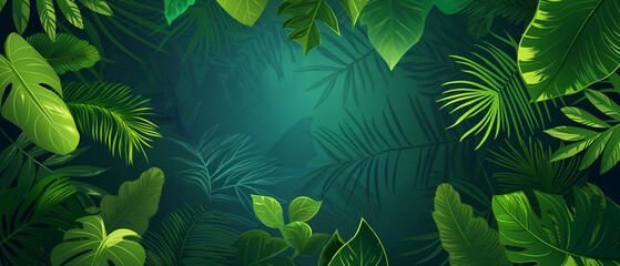 Fundo verde com plantas tropicais - Banner - obrazy, fototapety, plakaty