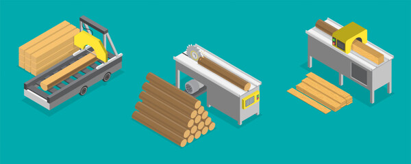 3D Isometric Flat Vector Illustration of Sawmill, Furniture Making Tools and Processes