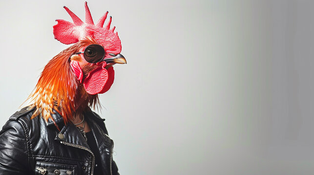 
galinha punk rocker andando com jaqueta de couro e &oacute;culos de sol