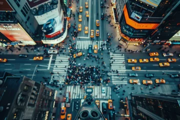 Foto op Plexiglas Bird's eye view from a drone of the urban infrastructure of the metropolis, vehicles, city streets and crossing district avenues © Jam